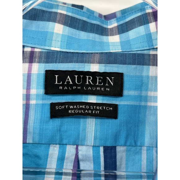 Lauren Ralph Lauren Plaid Button down 2XL Soft Stretch Fit‎ Blue Black label - Picture 5 of 8